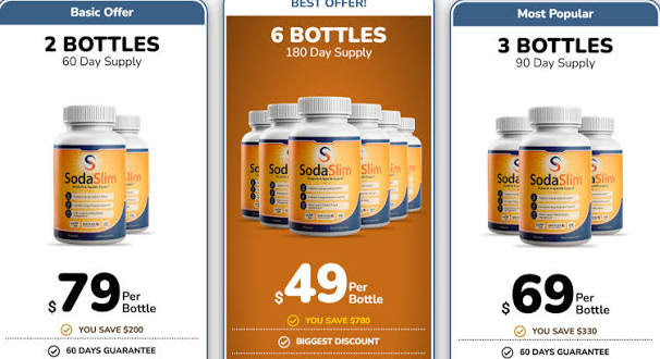 Soda Slim Capsules pricing: 2 bottles $79 each, 6 bottles $49 each, 3 bottles $69 each